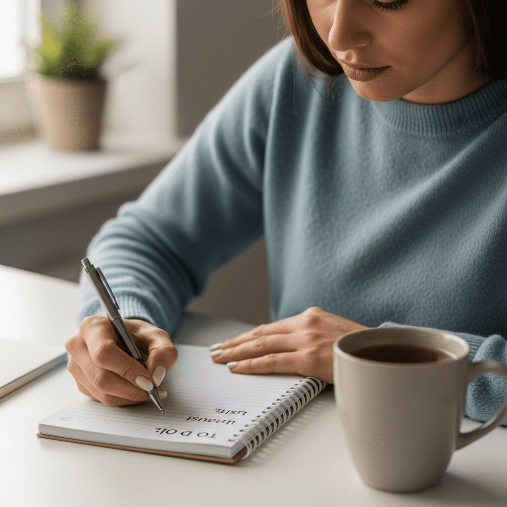 Woman writing a simple to-do list in a notebook to reduce bedtime overthinking
