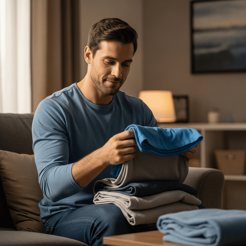Man folding laundry calmly as an evening buffer to unwind before bed