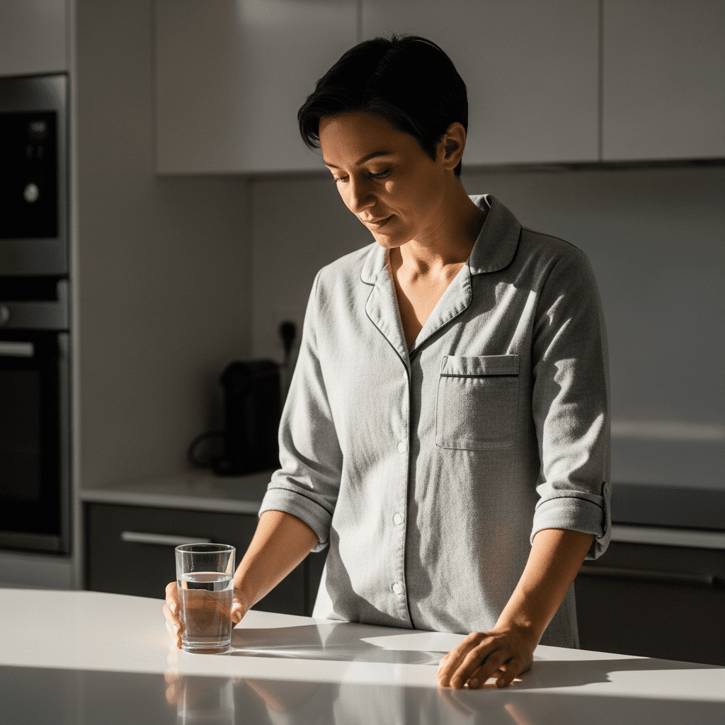 Person in kitchen reflecting on starting a simple daily health routine