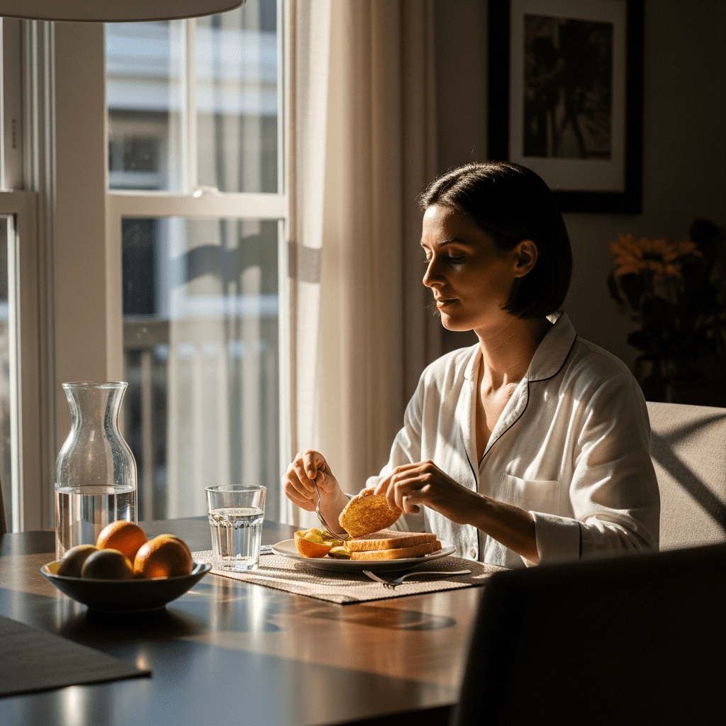 Simple morning routine with water and breakfast