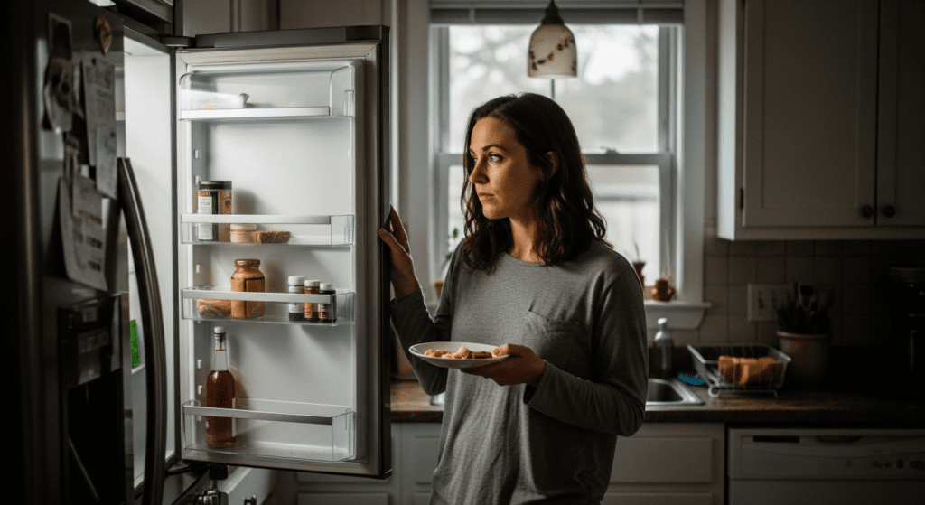 Woman standing by an open fridge feeling tempted to eat when not hungry