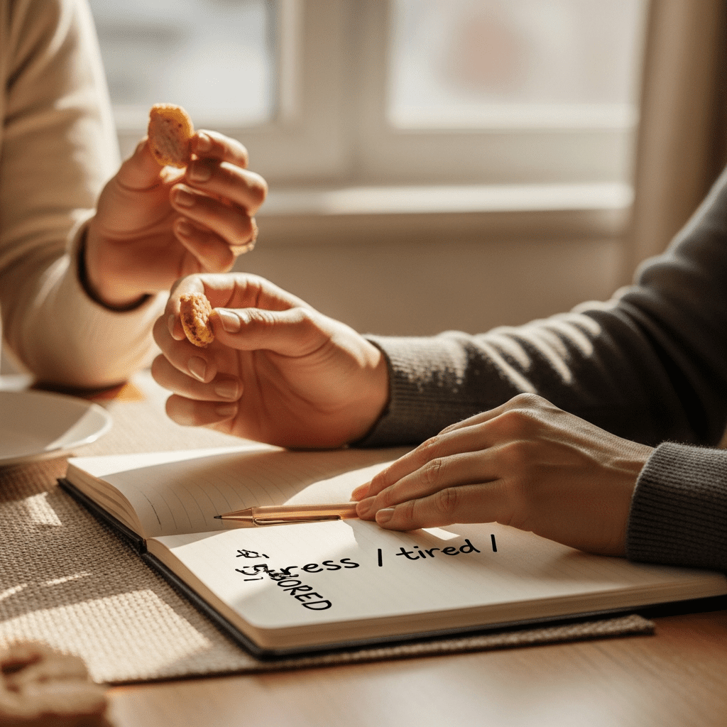 Hand holding a snack beside a notebook listing emotions like stress and boredom