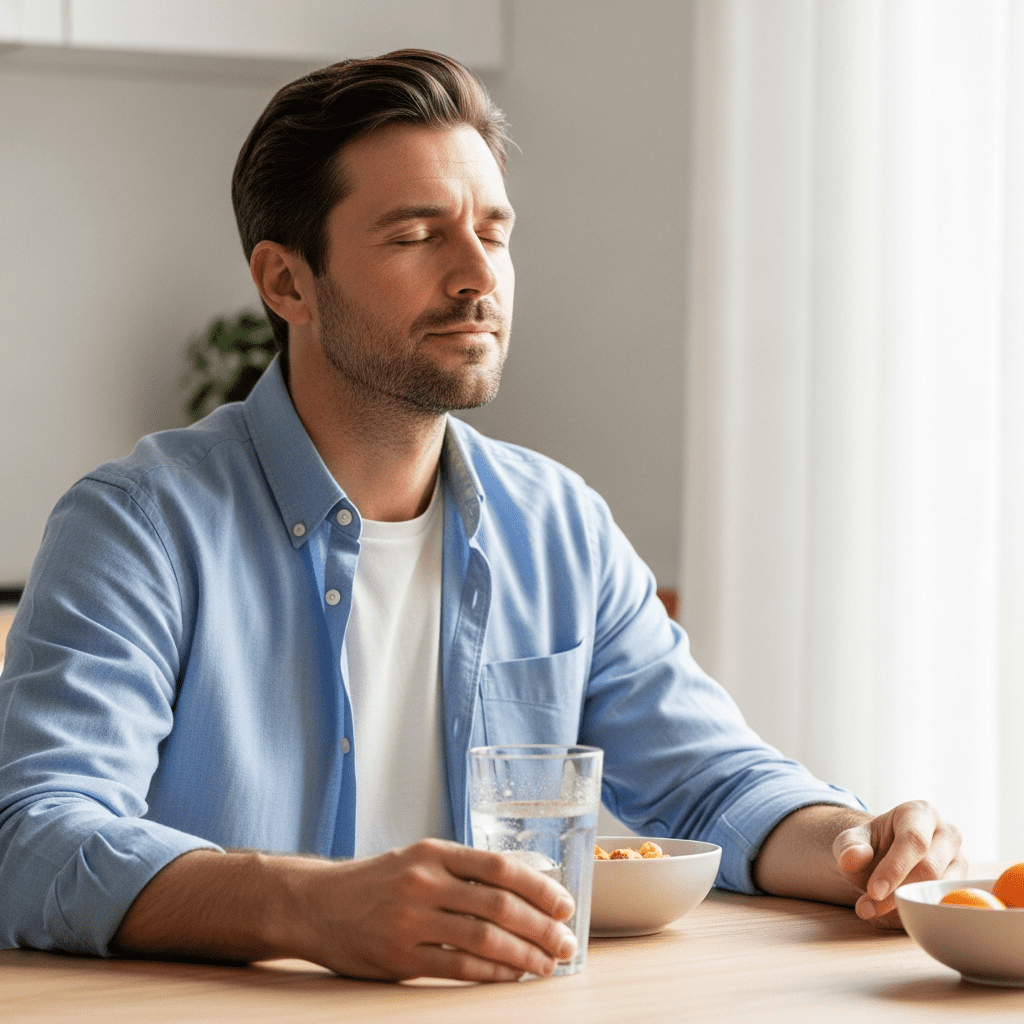 Man practicing a short pause before eating to reduce emotional eating