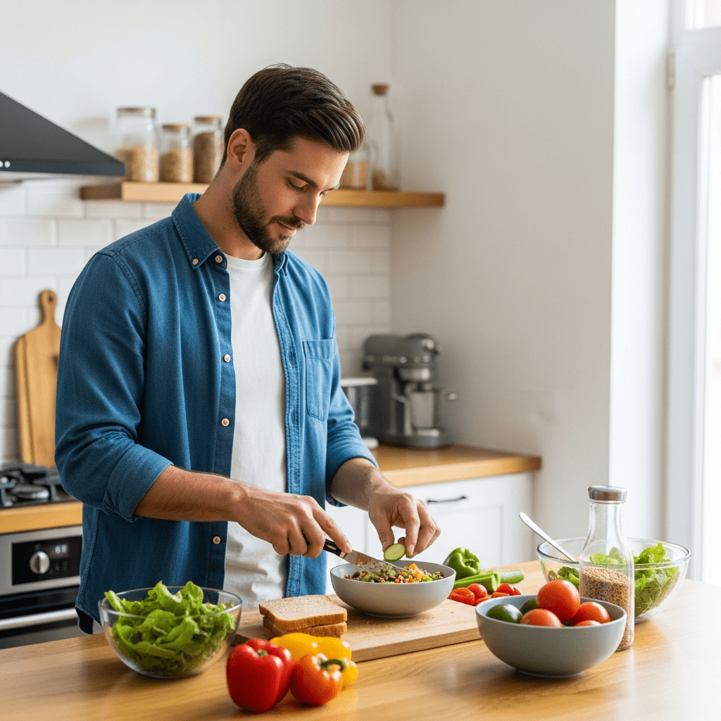 Person preparing a simple balanced meal to support regular eating habits