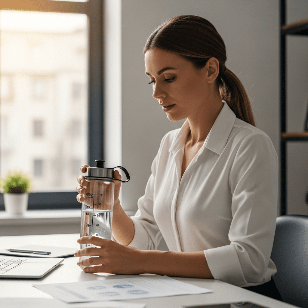 Woman working at desk with marked water bottle for daily hydration tracking