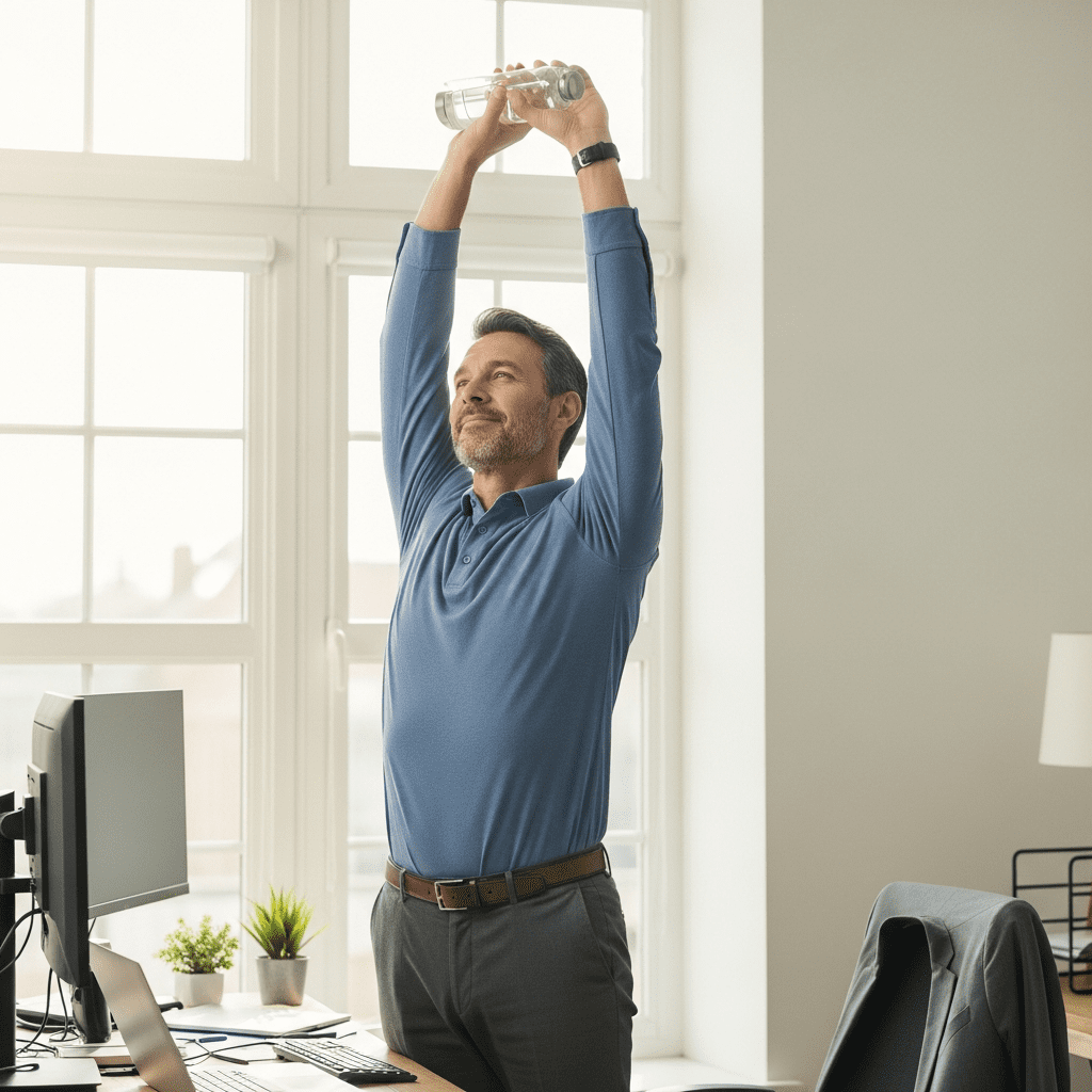 Man taking hourly stretch break with water bottle at home office