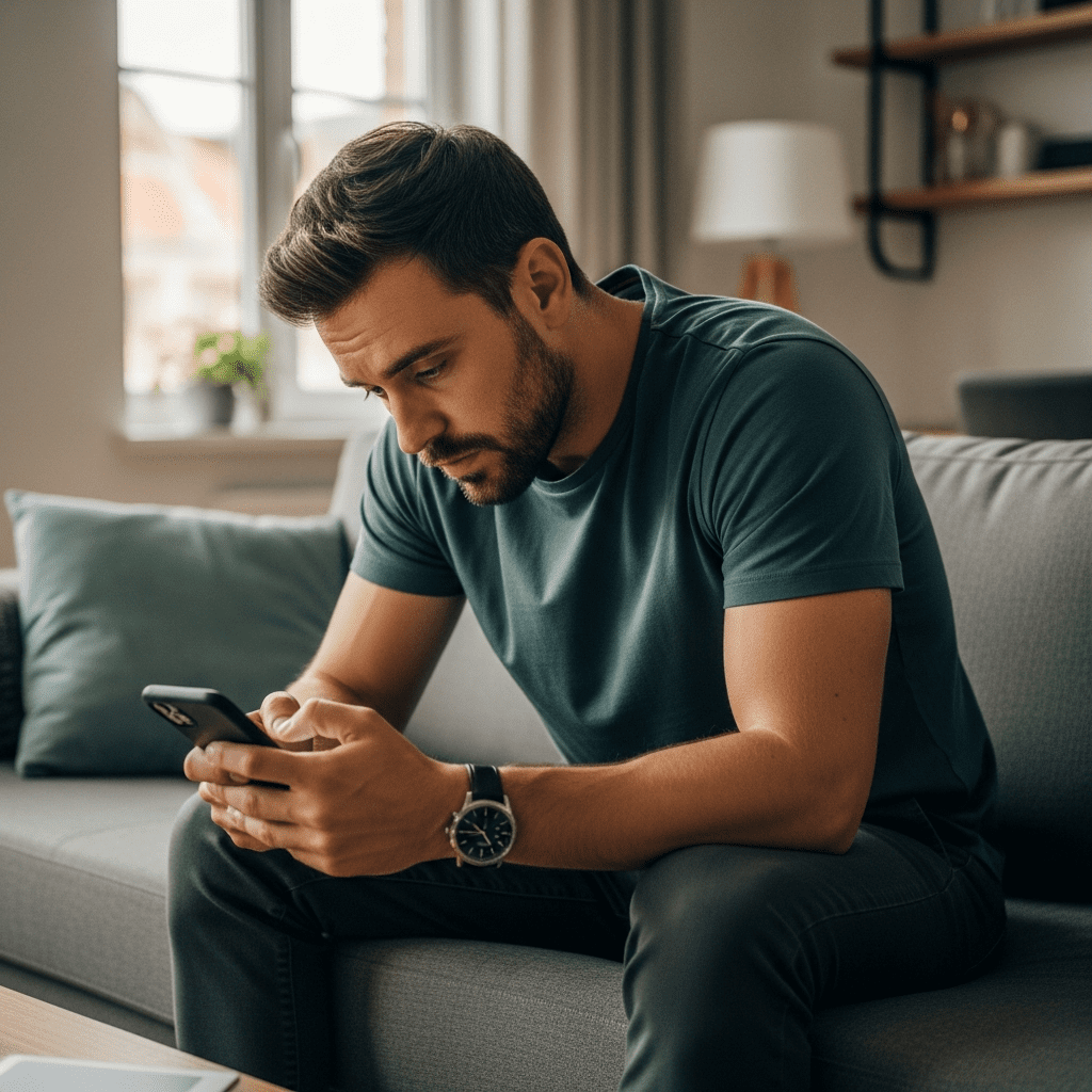Tired man on couch at 7 PM feeling evening fatigue