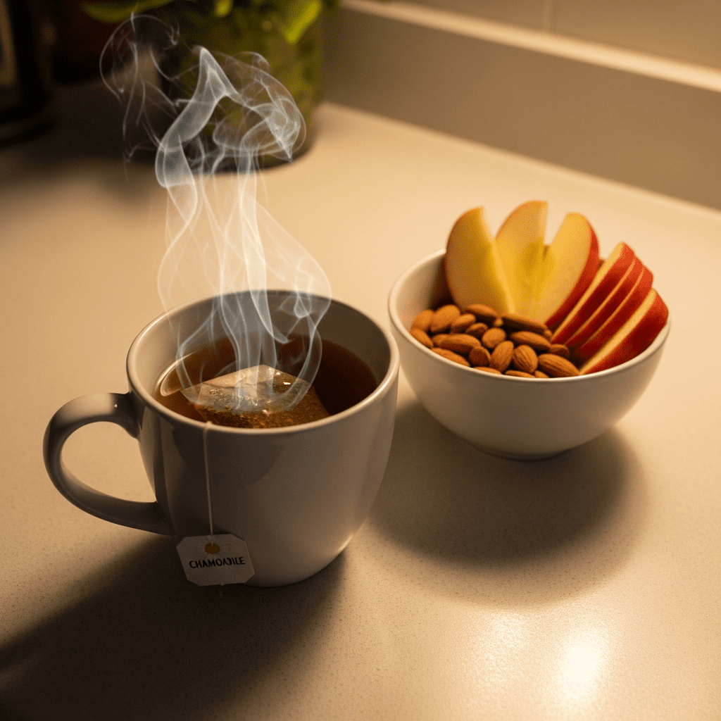Herbal tea and healthy evening snack on kitchen counter