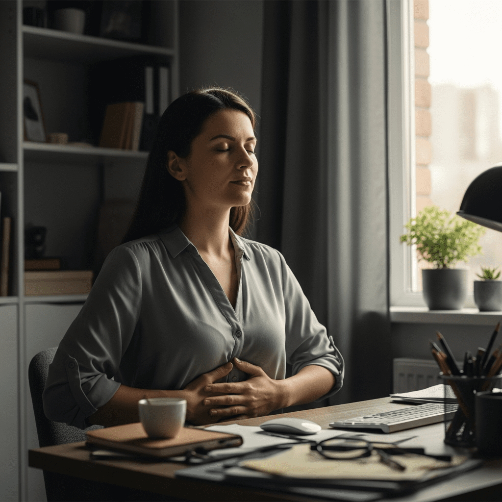  woman practicing breath awareness exercise at home office desk to reduce stress