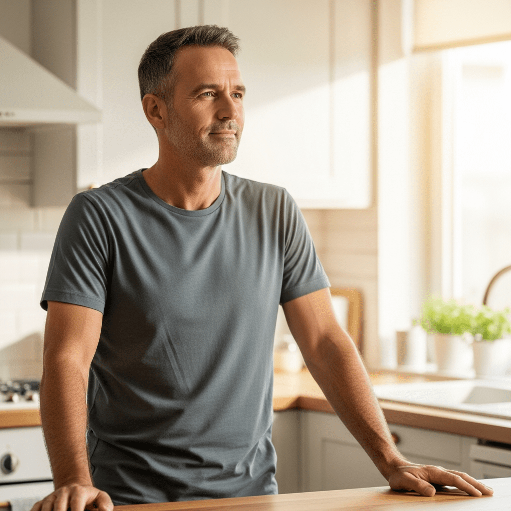 man performing box breathing technique in kitchen for daily stress relief