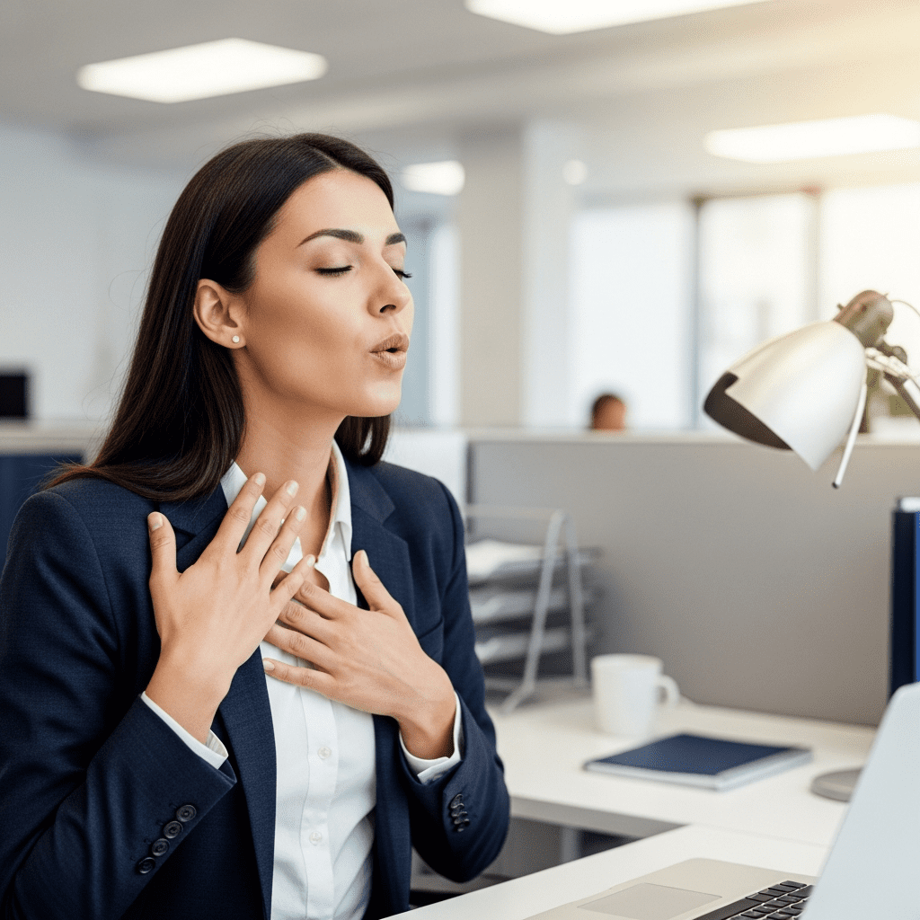 young woman using extended exhale breathing at desk to calm racing thoughts