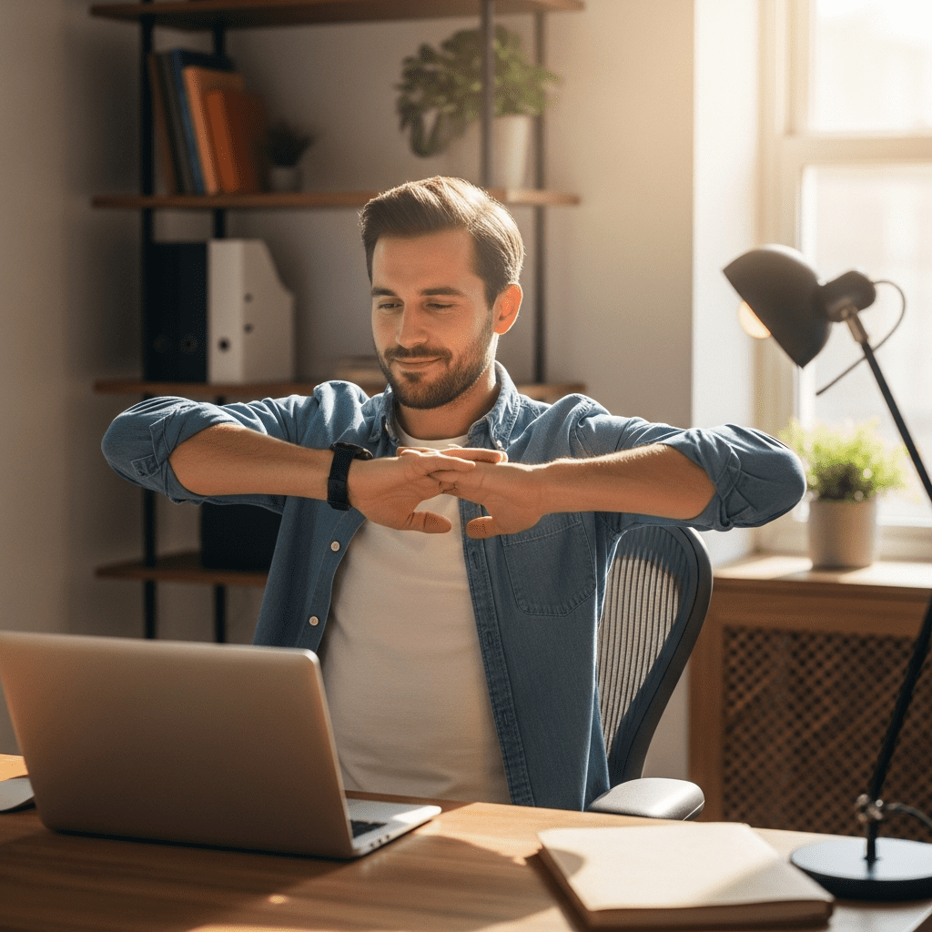 emote worker adding movements to breathing exercises for desk stress relief