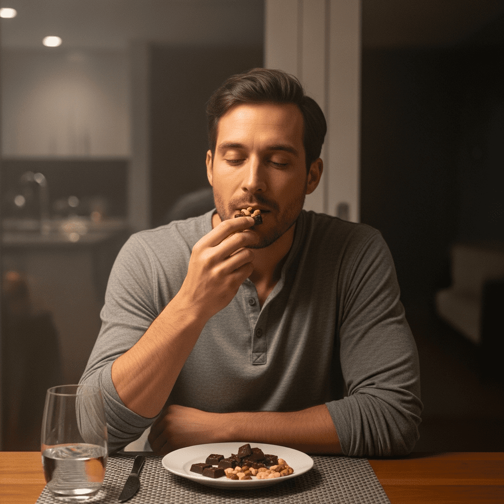Man eating a small healthy sweet snack at night instead of sugary desserts