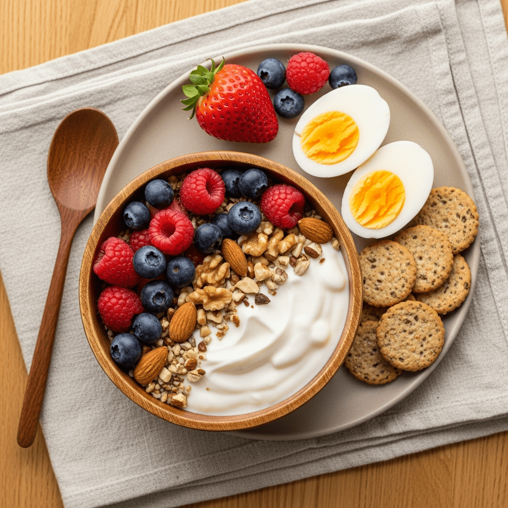 High‑protein office‑friendly snacks for weight loss: Greek yogurt with berries and a hard‑boiled egg with whole‑grain toast on a clean tabletop