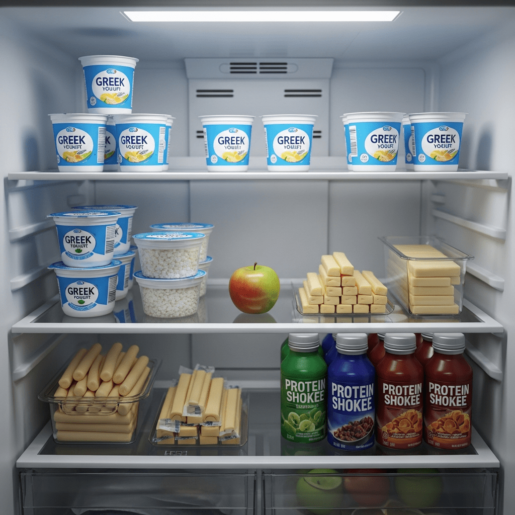 Office fridge filled with high‑protein snacks under 200 calories for weight loss, such as Greek yogurt, cottage cheese, and protein drinks