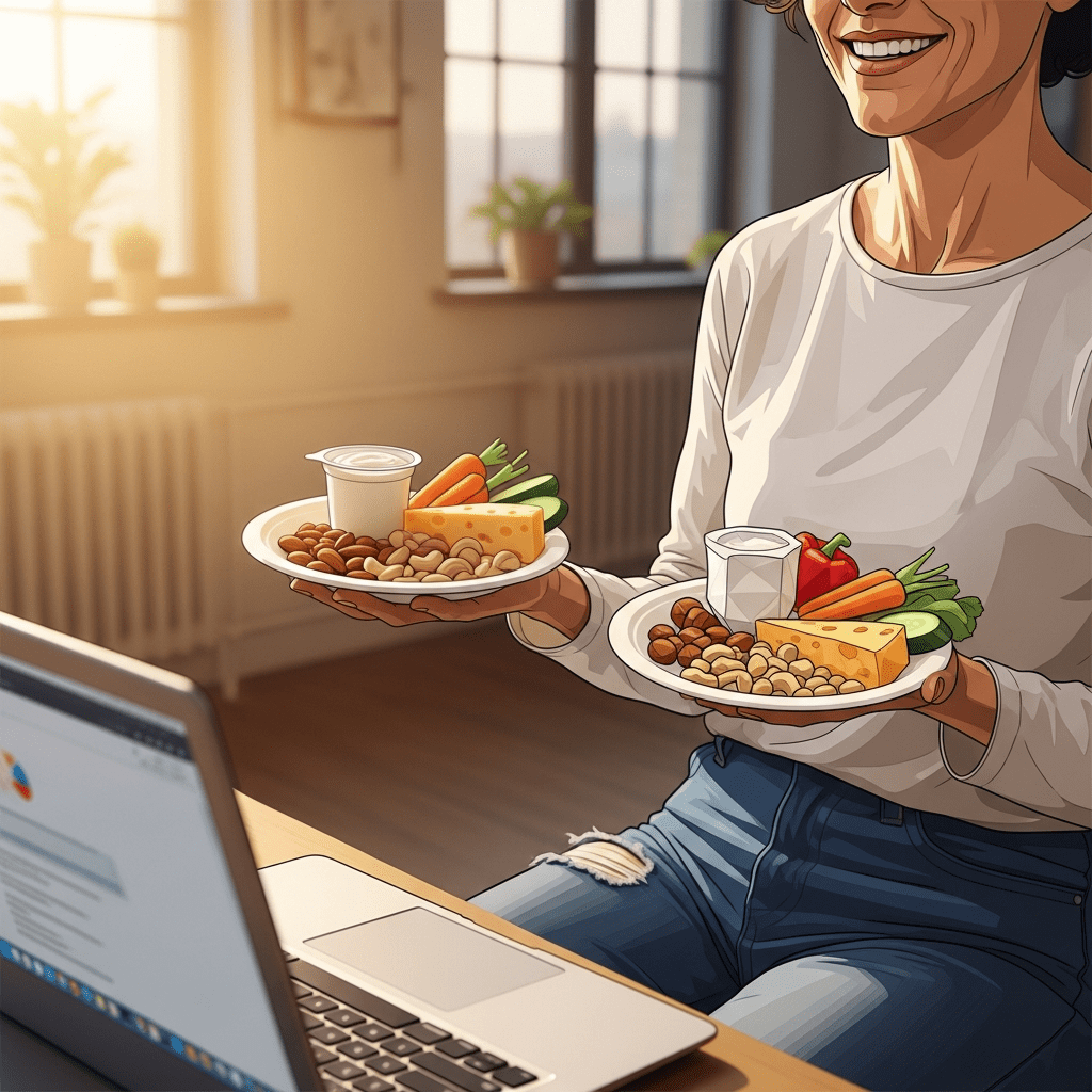 Adult enjoying healthy high‑protein snacks under 200 calories while working on a laptop at home, showing a balanced approach to weight loss and daily habits