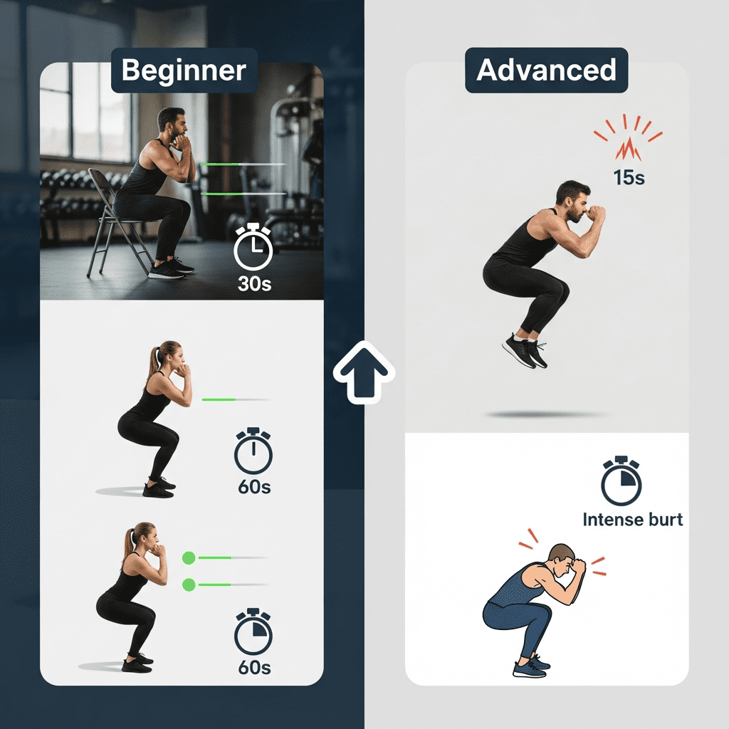 Squat progression from beginner to advanced no-equipment workouts