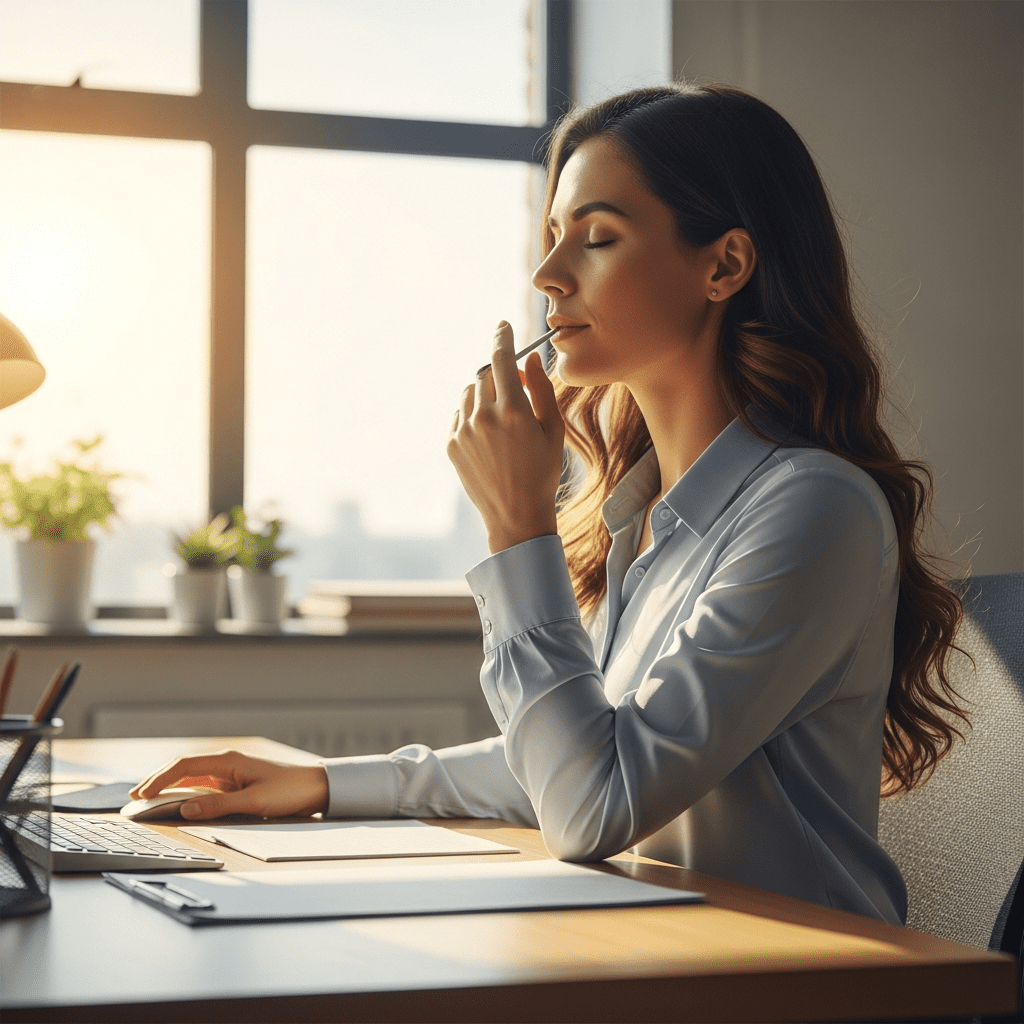 office worker practicing breathing exercise at desk