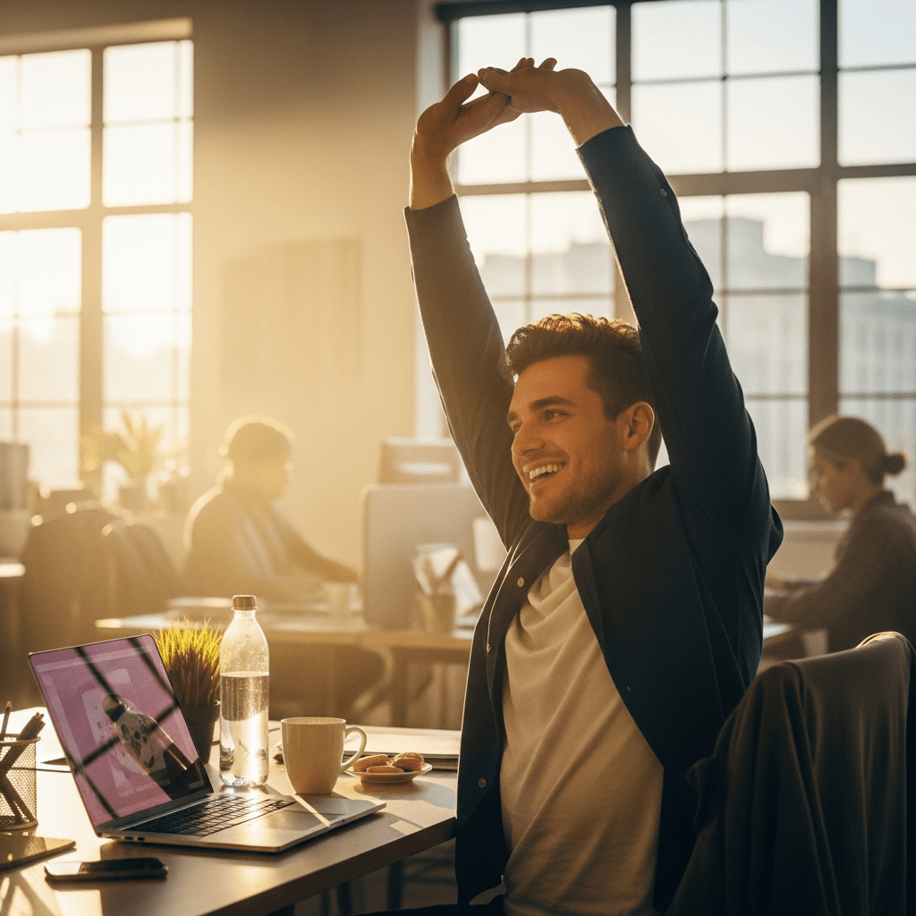 Afternoon energy boost: office worker stretching at desk