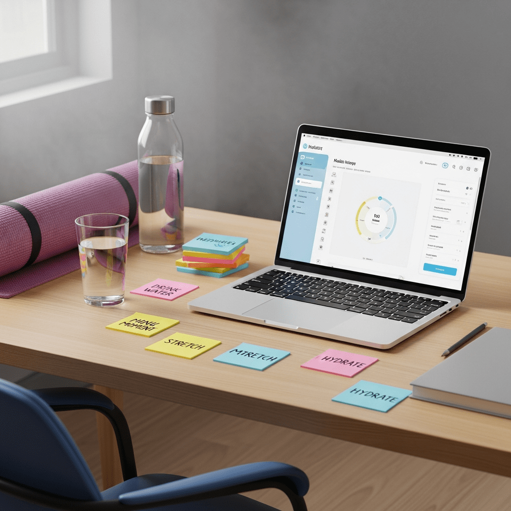 Desk setup with visual cues for habit stacking.