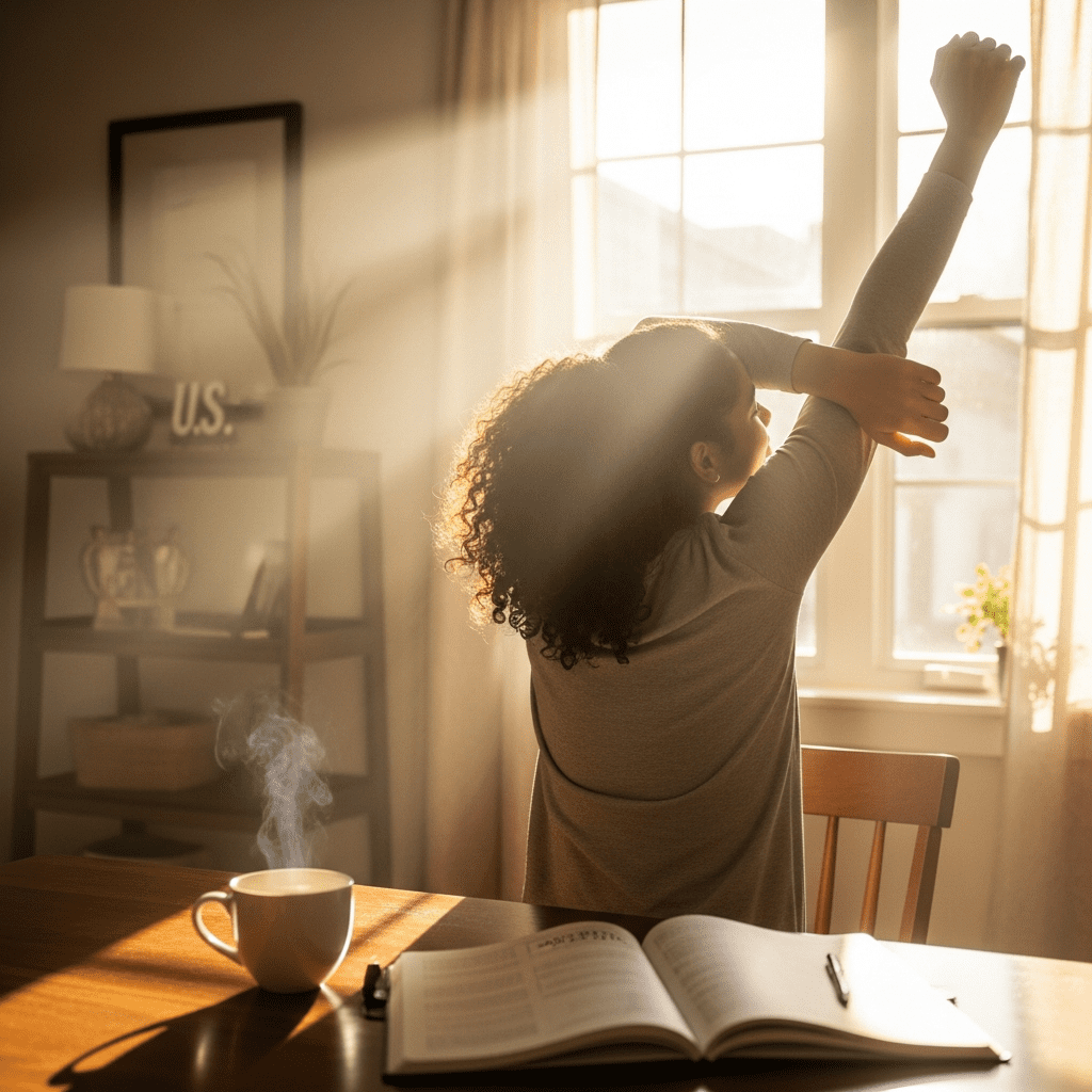 Busy adult following a 7-day morning routine stretching by the window with coffee and planner