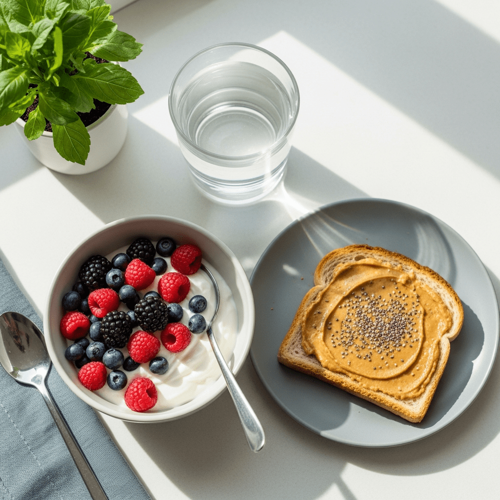 Healthy morning breakfast including Greek yogurt, berries, and peanut butter toast
