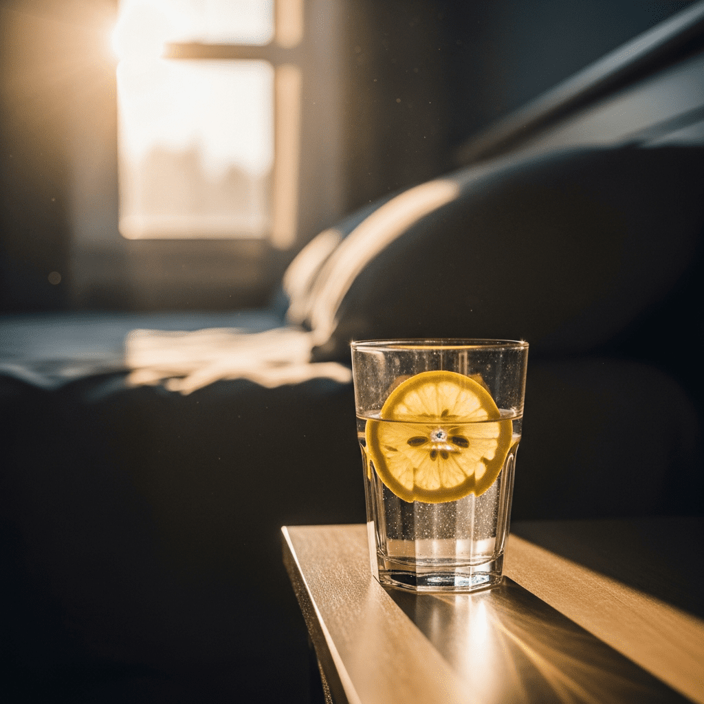 Glass of water with lemon on bedside table for morning hydration