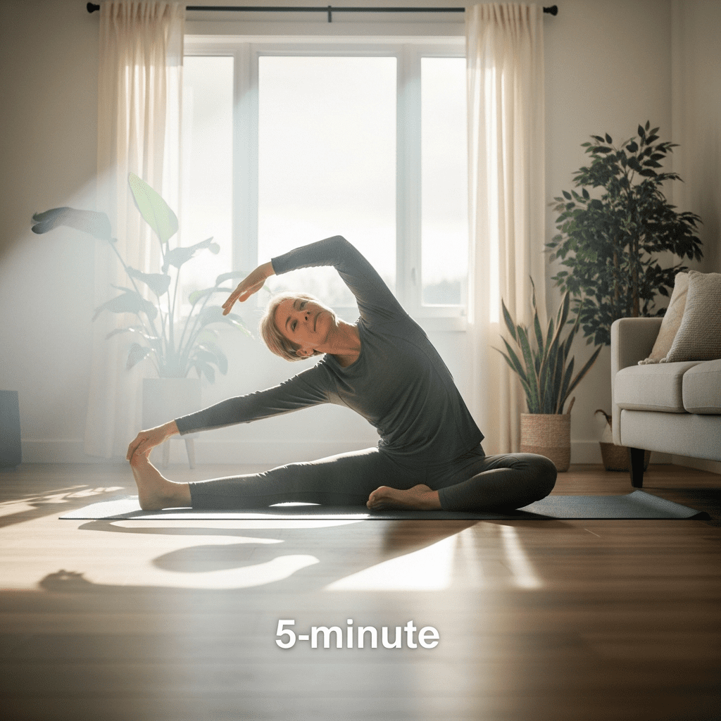 Adult performing morning yoga stretches on a mat