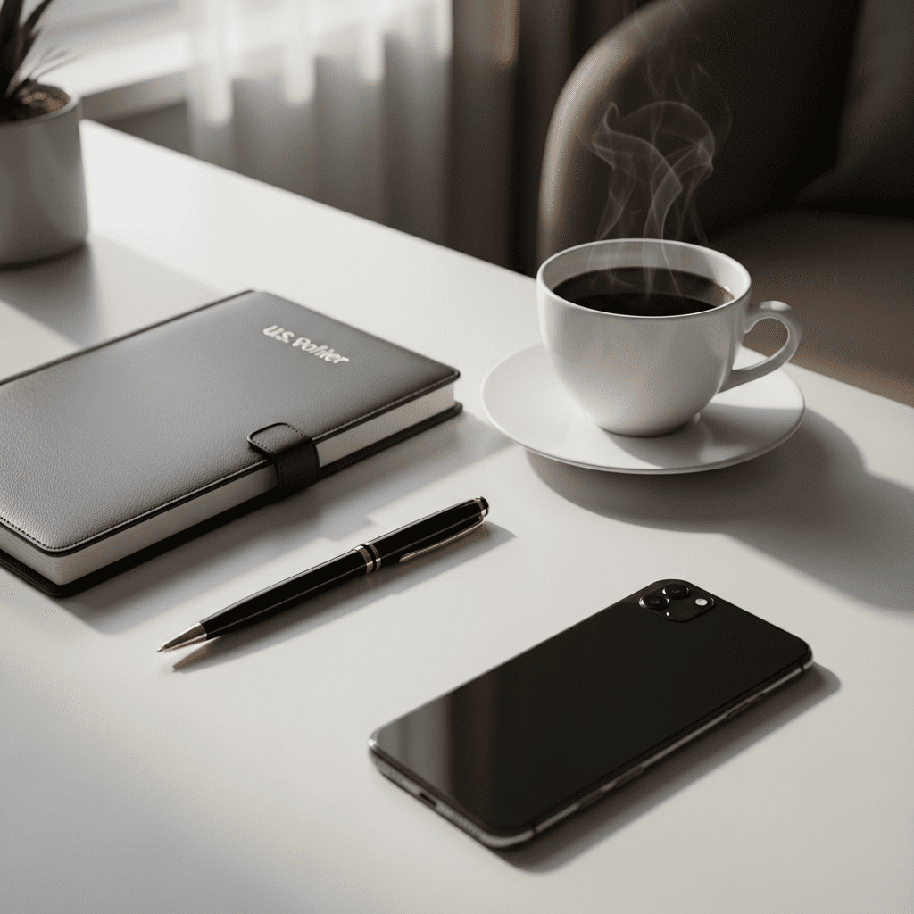 Planning top priorities in a morning planner with coffee and phone