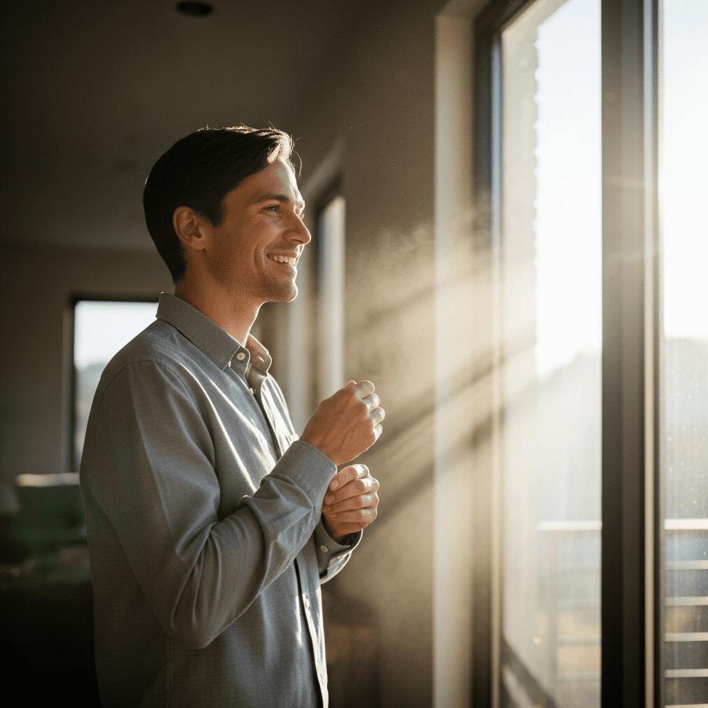Busy adult completing 7-day morning routine feeling energized and ready for the day