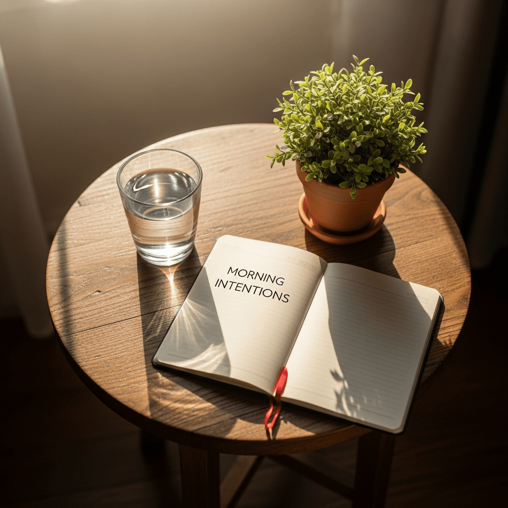 Glass of water and notebook for morning hydration and intention setting