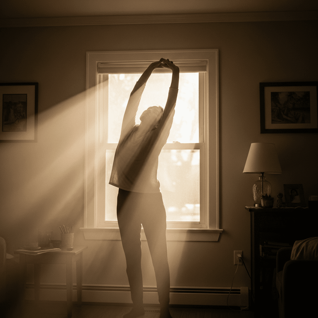 Adult getting morning sunlight and stretching to boost energy