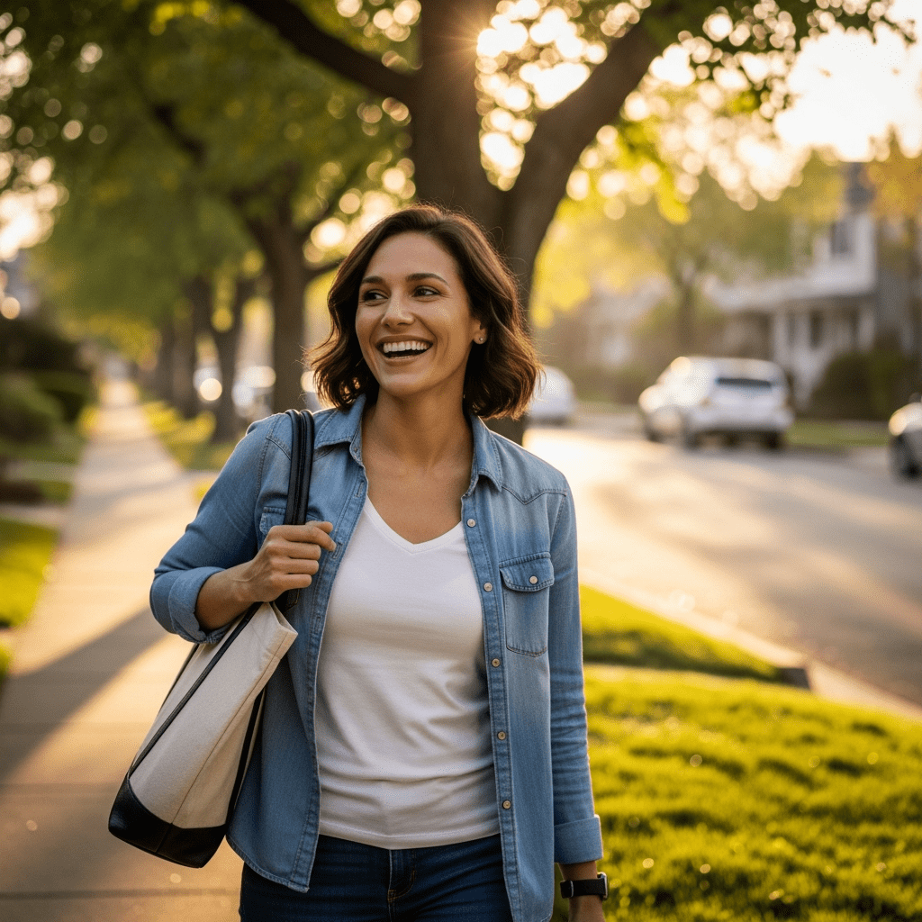 Energized adult starting their day after completing 5-minute morning rituals