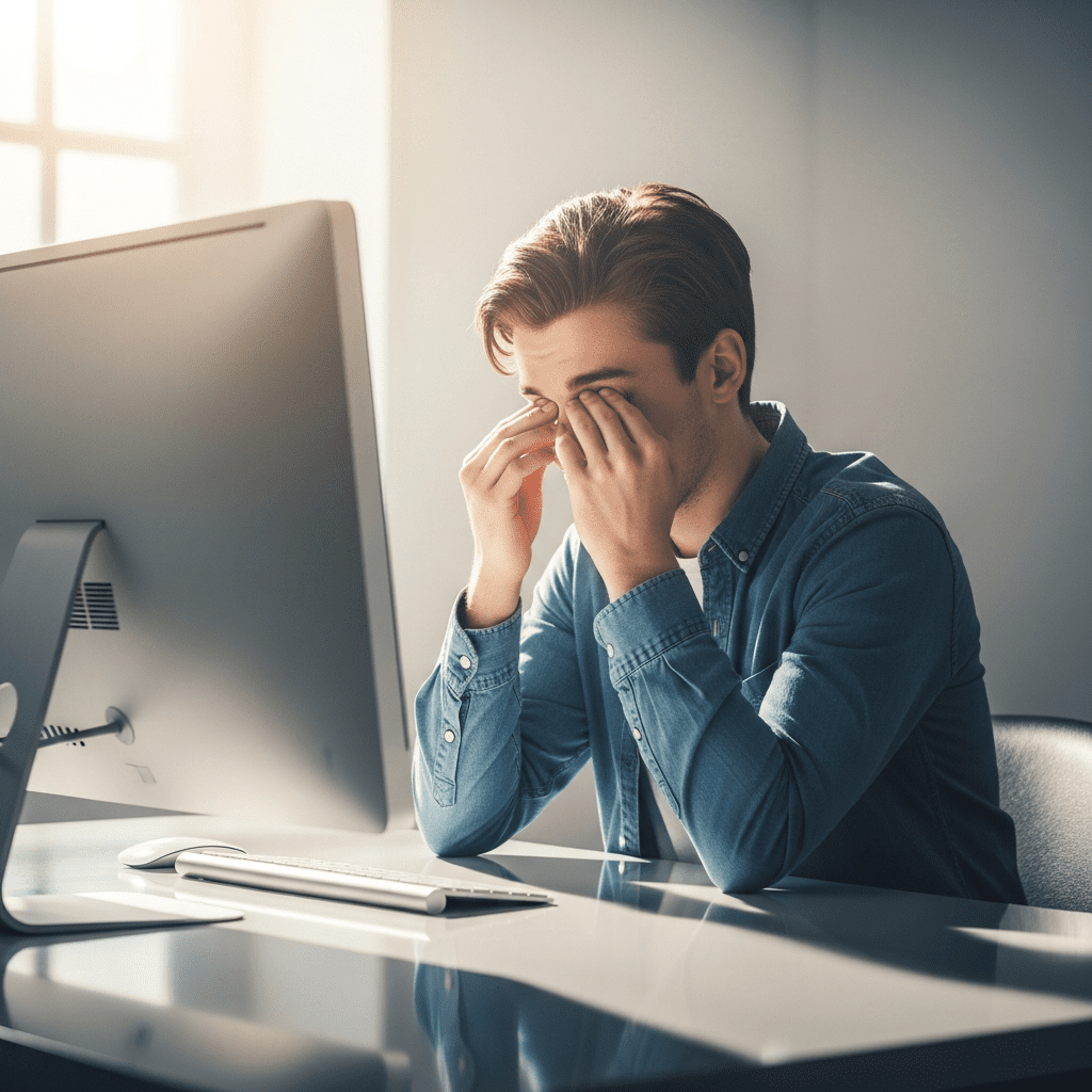 Tired office worker rubbing eyes while using computer