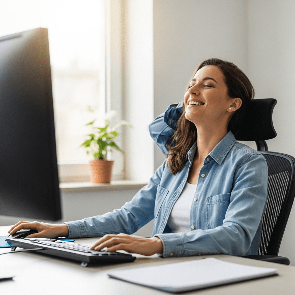 Relaxed and refreshed office worker after eye fatigue relief routine