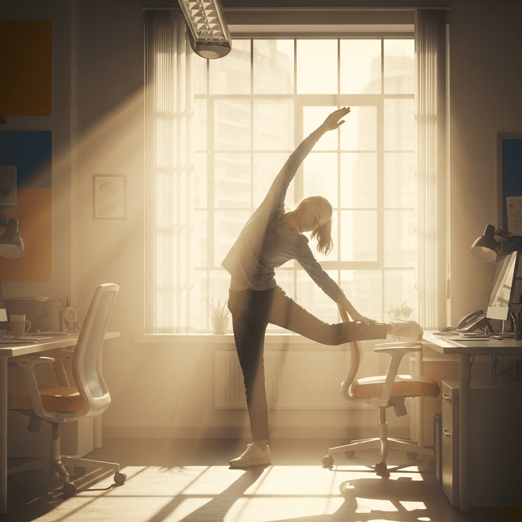 Office worker stretching at desk to boost energy naturally without coffee
