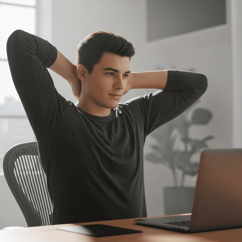 Standing and stretching at desk to improve circulation and reduce fatigue