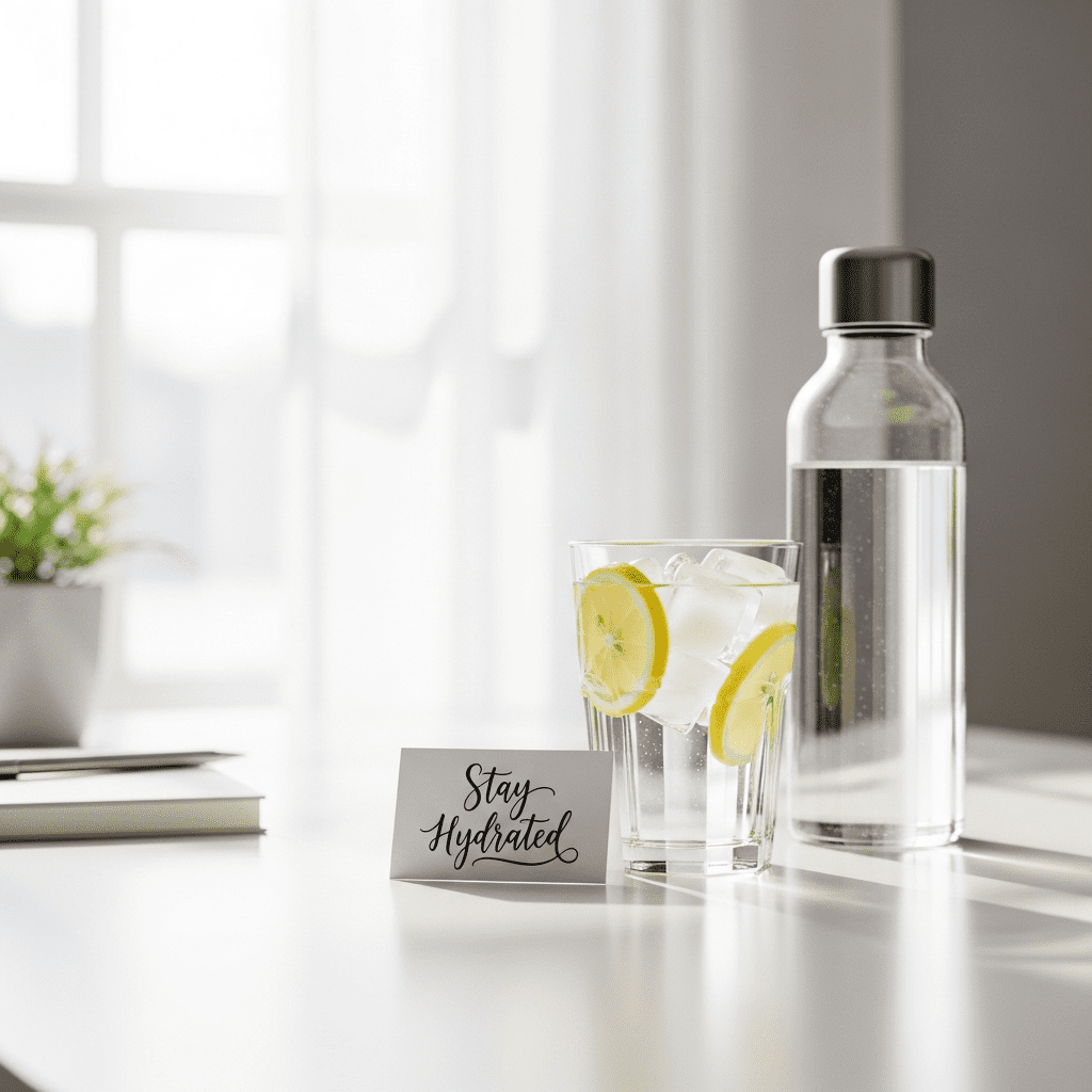 Drinking water at desk to maintain energy and focus