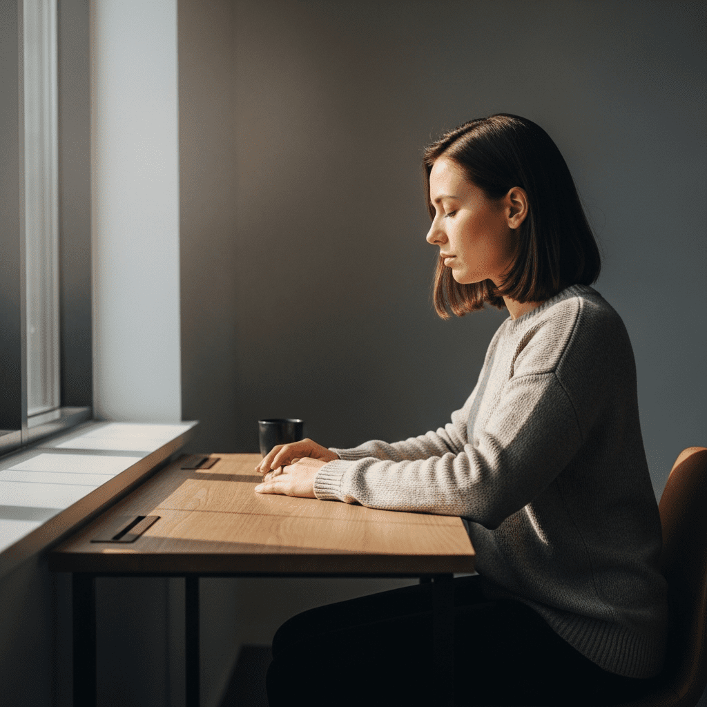 Practicing mindfulness and breathing exercises at desk to restore energy