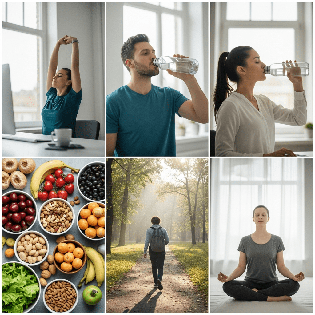 Midday energy-boosting habits including stretching, hydration, walking, snacks, and mindfulness