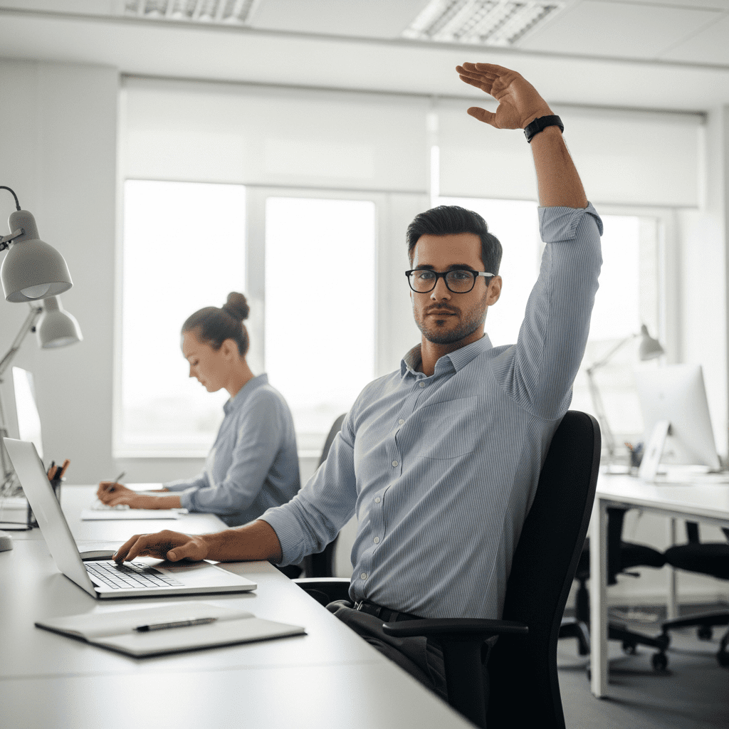 Desk worker performing a posture reset routine at a laptop for better alignment and energy.