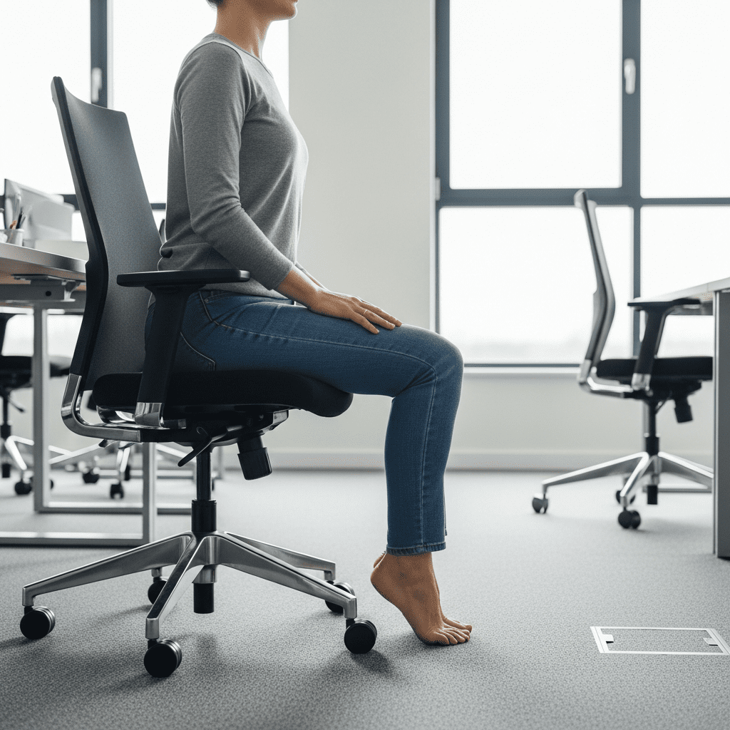 Seated spinal lengthening posture exercise for desk workers.