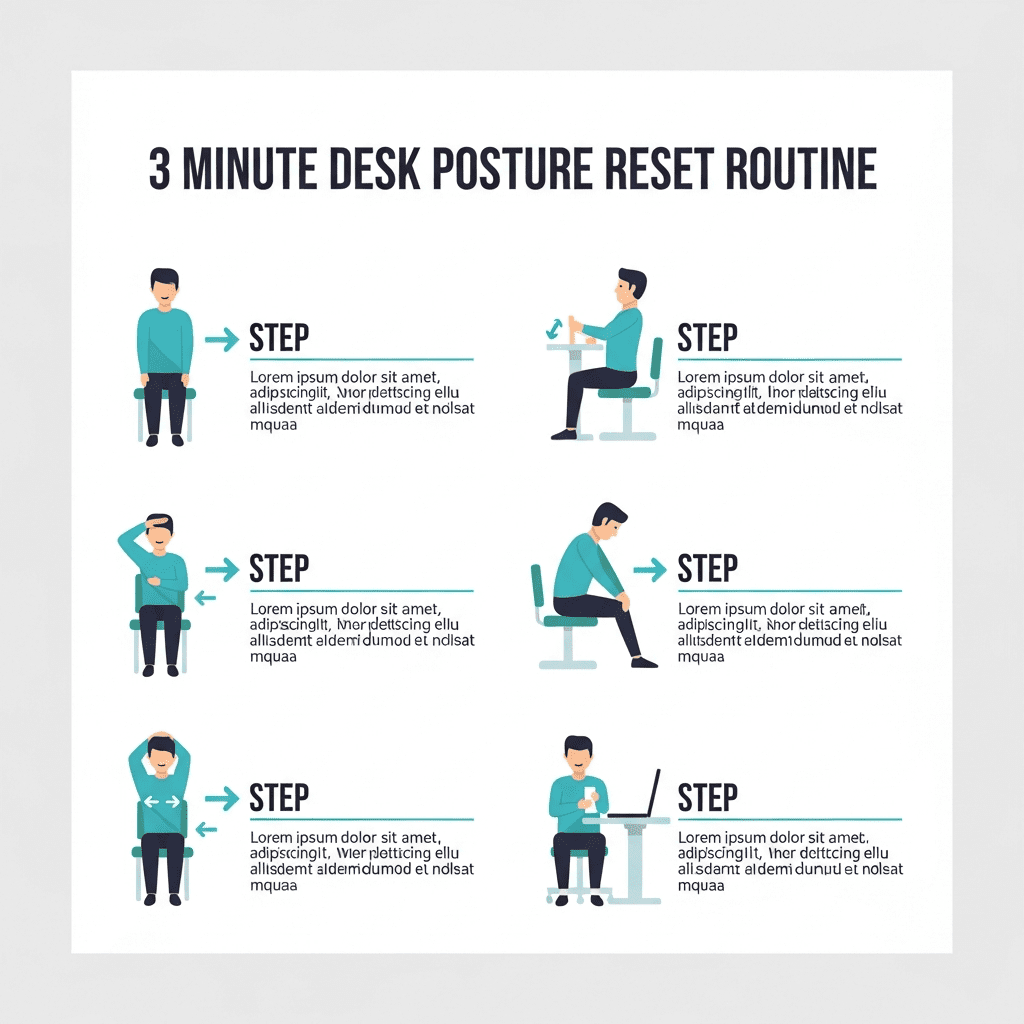Step-by-step infographic of the 3-minute posture reset routine for desk workers.