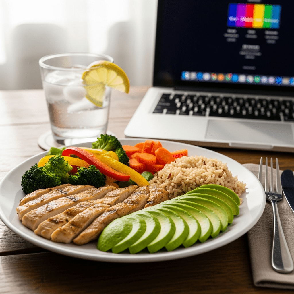 Balanced lunch with protein, fiber, and healthy fats to prevent afternoon fatigue.