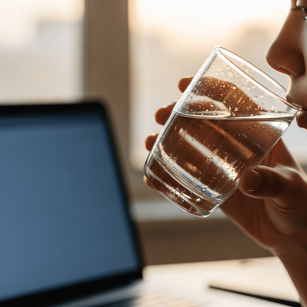 Drinking water regularly to prevent dehydration and maintain energy levels.