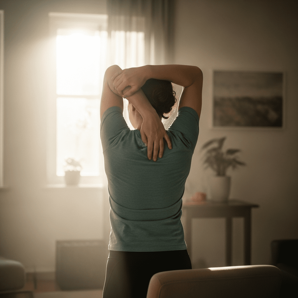 Individual performing light stretches to reset physically after work.