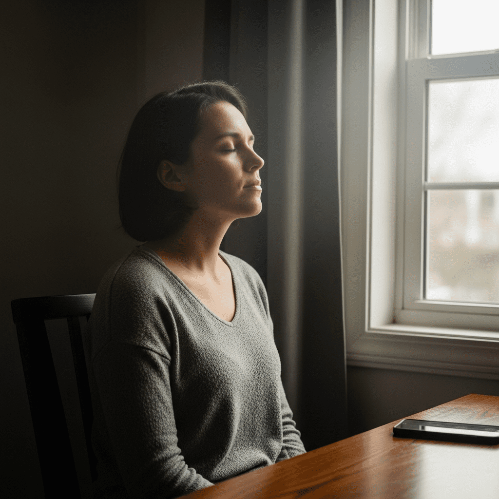 Person practicing sensory reset by sitting quietly and reducing screen stimulation.