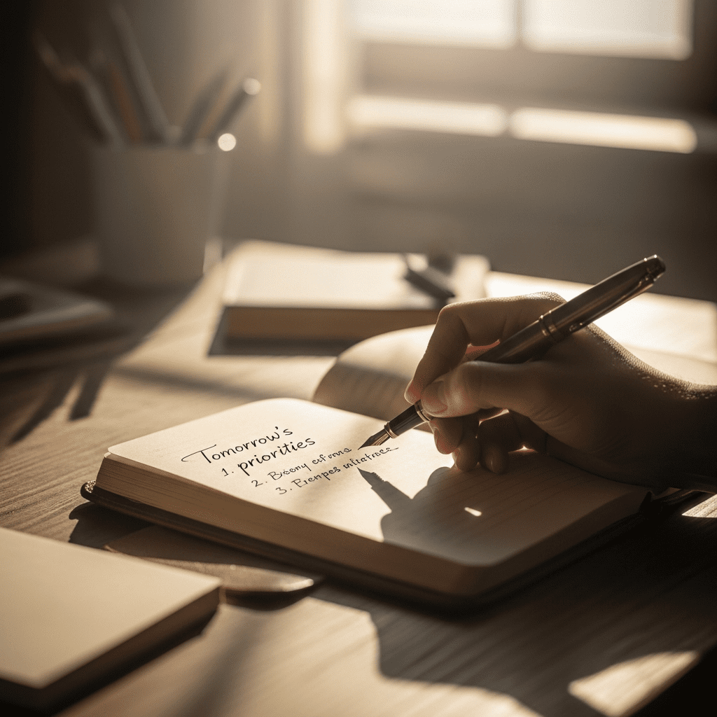 Individual writing down tasks for cognitive reset after work.