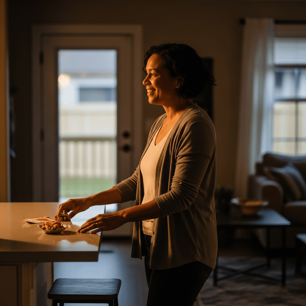Person using 15-minute mental reset routine after work to feel refreshed.