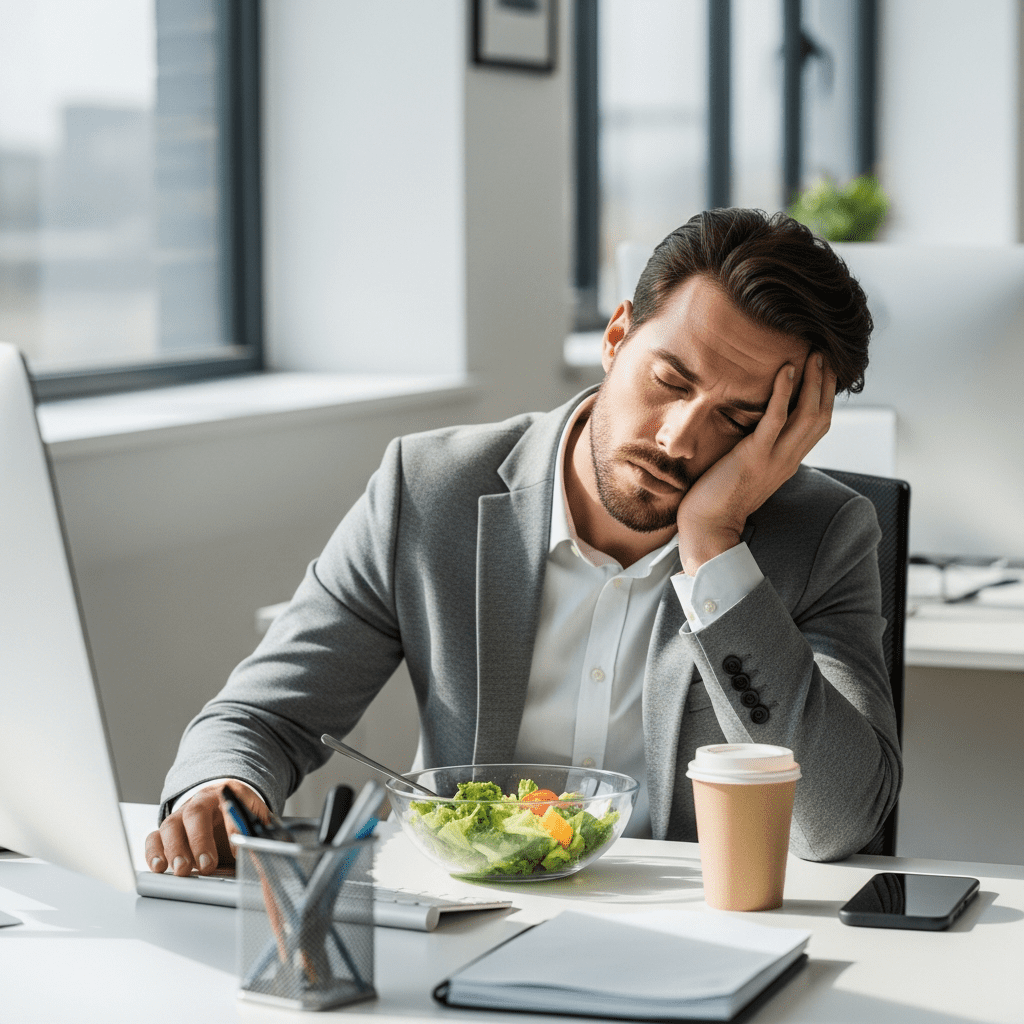 Office worker feeling tired after eating lunch at desk